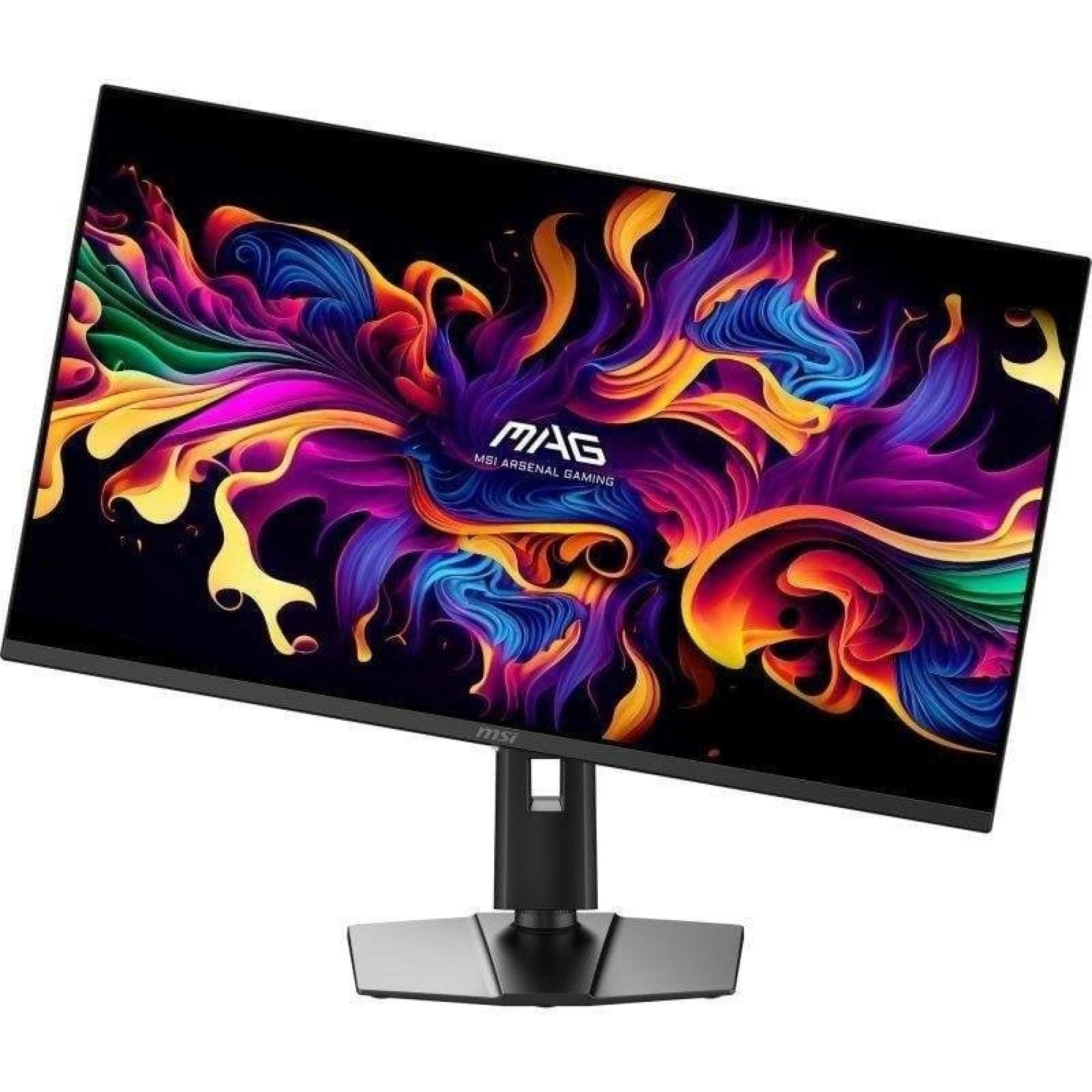 Un monitor de juegos MSI MAG muestra un remolino de pintura abstracto y colorido.