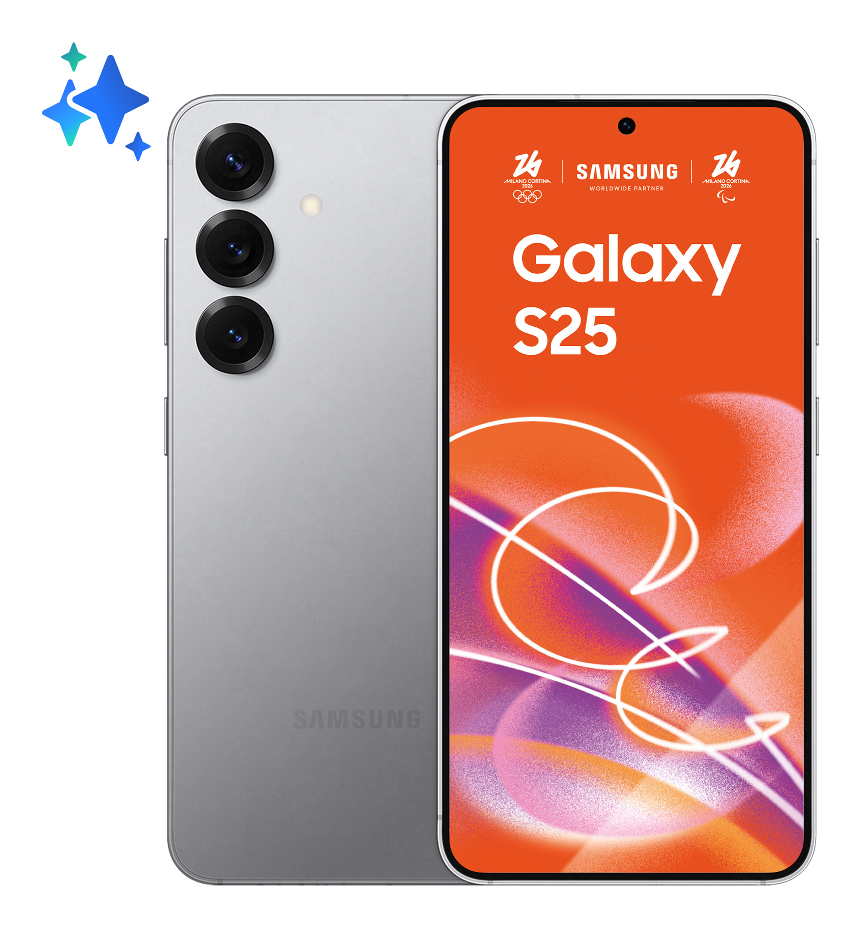Rück- und Vorderseite des grauen Samsung Galaxy S25 Smartphones mit farbigem Display.