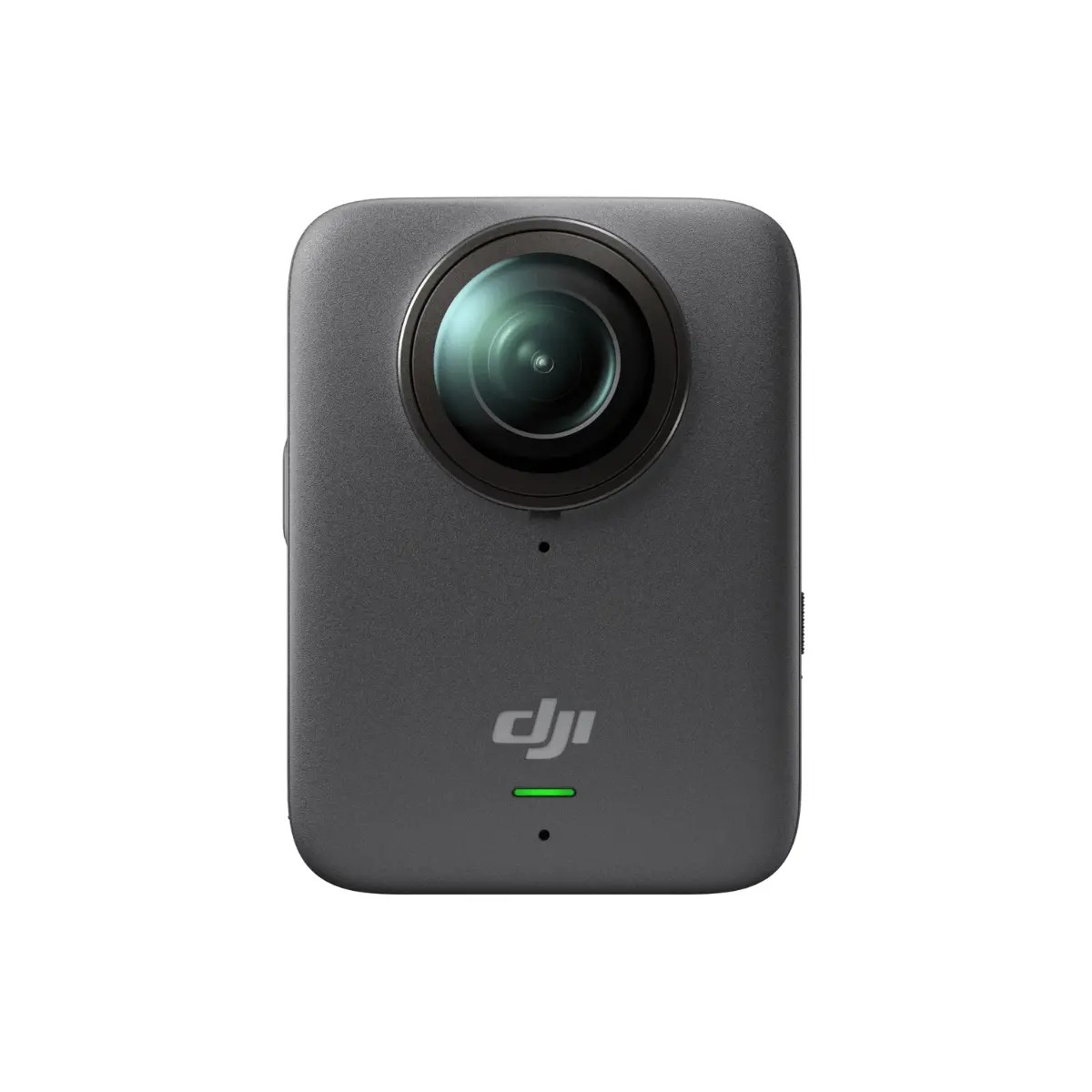 Eine graue DJI Action-Kamera mit großer Linse und Logo.