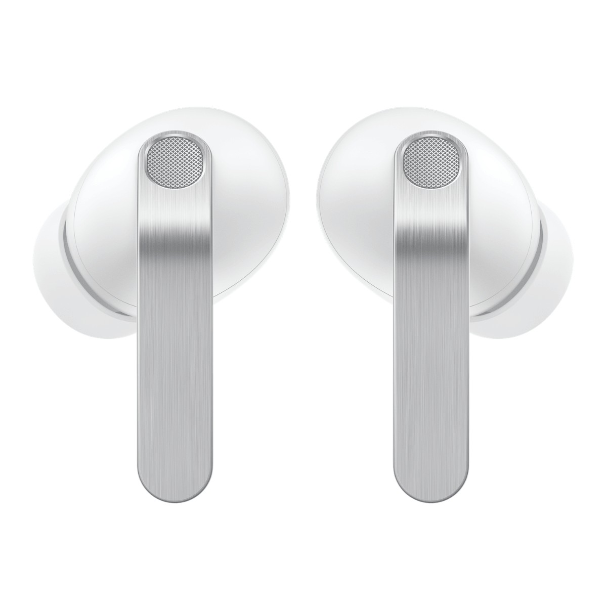 Auriculares inalámbricos blancos con varillas plateadas largas y micrófonos redondos sobre fondo blanco.