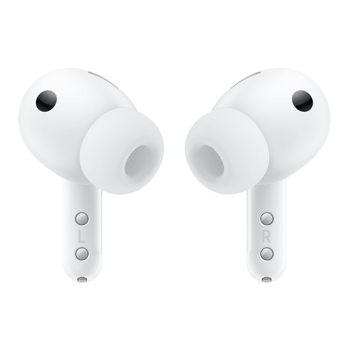 Dos auriculares inalámbricos blancos con almohadillas de silicona y vástagos etiquetados como L y R, sobre fondo blanco.
