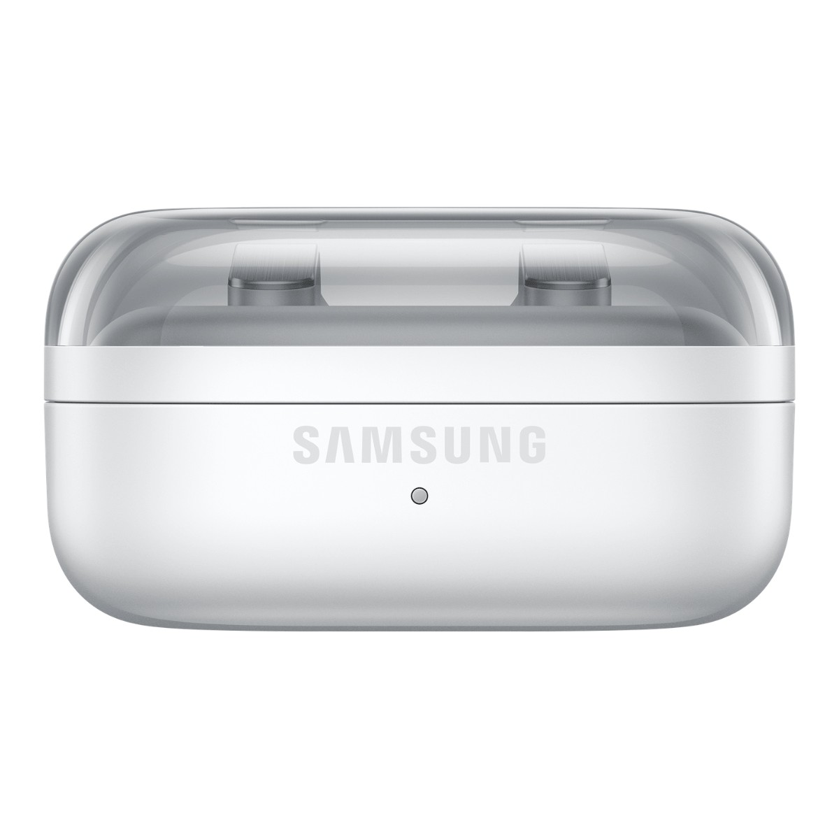 Un estuche de carga Samsung blanco con tapa transparente y dos auriculares visibles dentro.