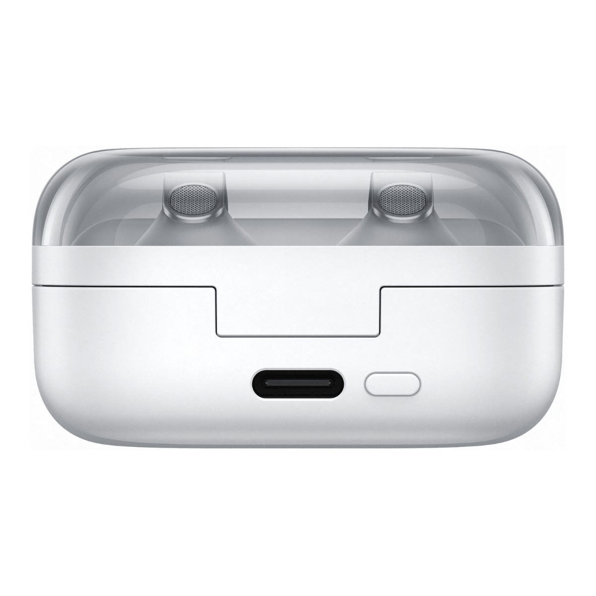 Estuche de carga blanco con puerto USB-C y tapa transparente.