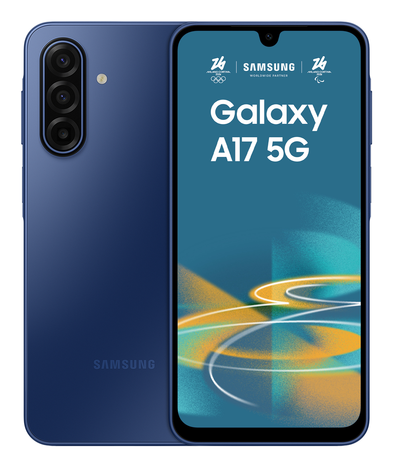 Blaue Rück- und Vorderseite des Samsung Galaxy A17 5G mit Dreifachkamera und Logos.
