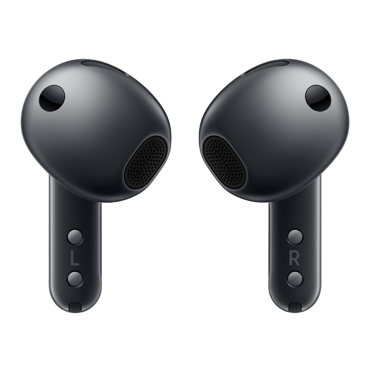 Dos auriculares inalámbricos gris oscuro etiquetados con L y R sobre fondo blanco.