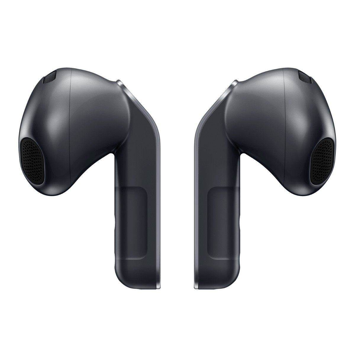 Un par de auriculares inalámbricos gris oscuro brillante sobre fondo blanco.