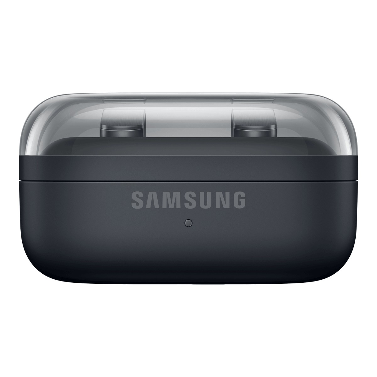 Estuche negro para auriculares Samsung con tapa transparente y luz LED al frente.