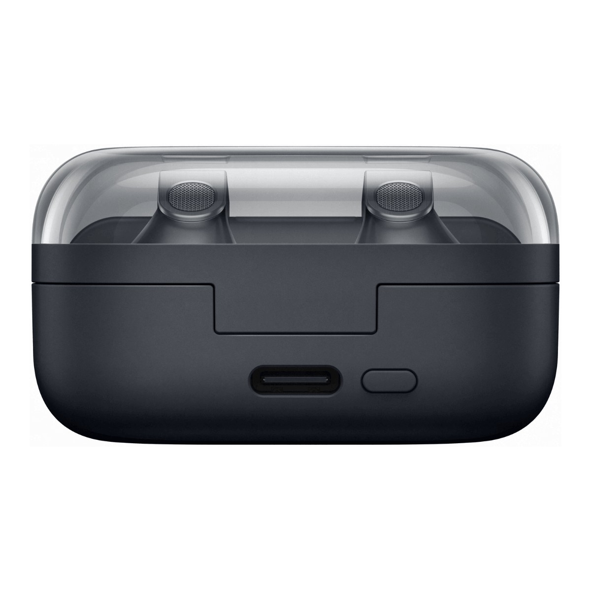 Estuche de carga negro para auriculares con tapa transparente, puerto USB-C y un botón al frente.