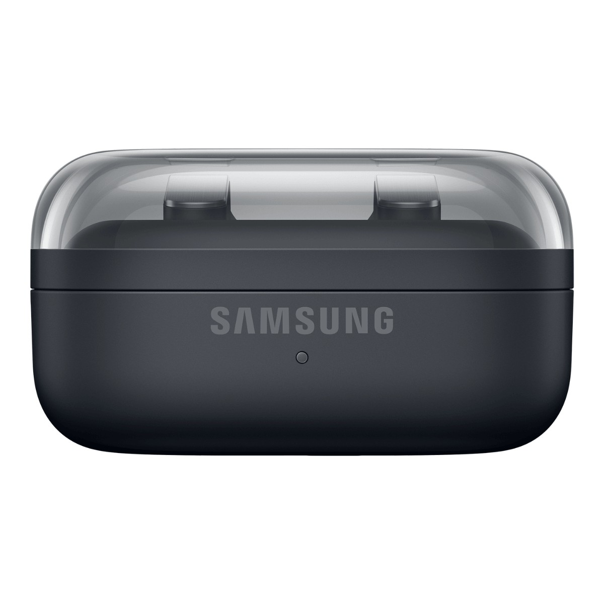 Schwarzes Samsung-Ladeetui mit durchsichtigem Deckel und LED-Anzeige.