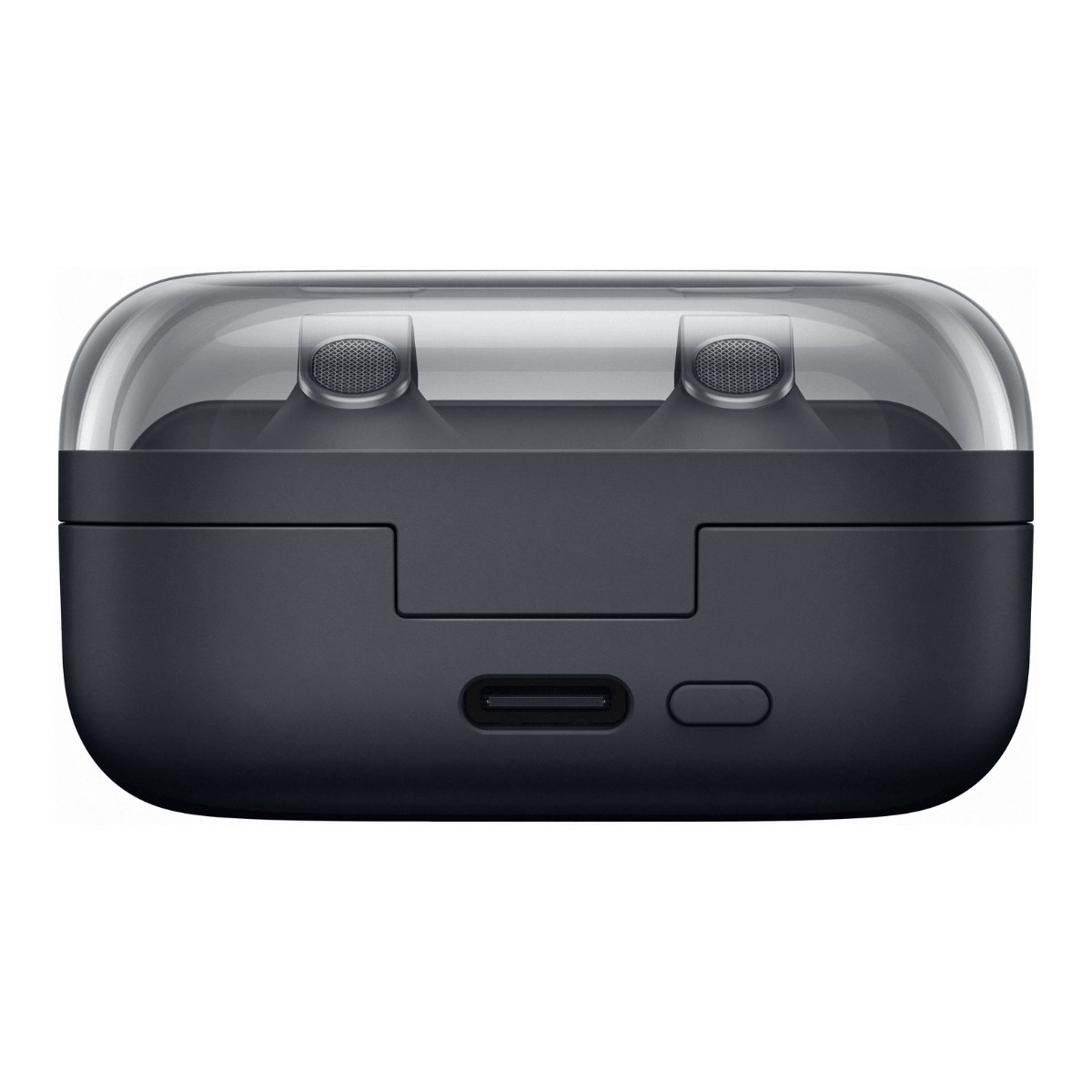Schwarzes Ladecase für Ohrhörer mit transparentem Deckel, USB-C-Anschluss und Taste vorne.