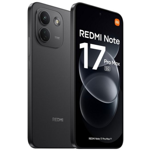 Fronte e retro di uno smartphone nero Redmi Note 17 Pro Max 5G con marchio e grafica sullo schermo.