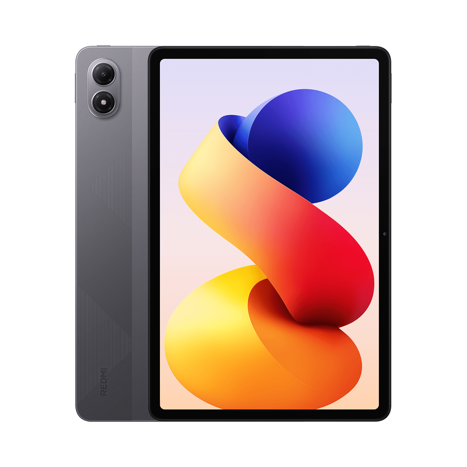 Un tablet grigio con doppia fotocamera e schermo colorato su sfondo nero.