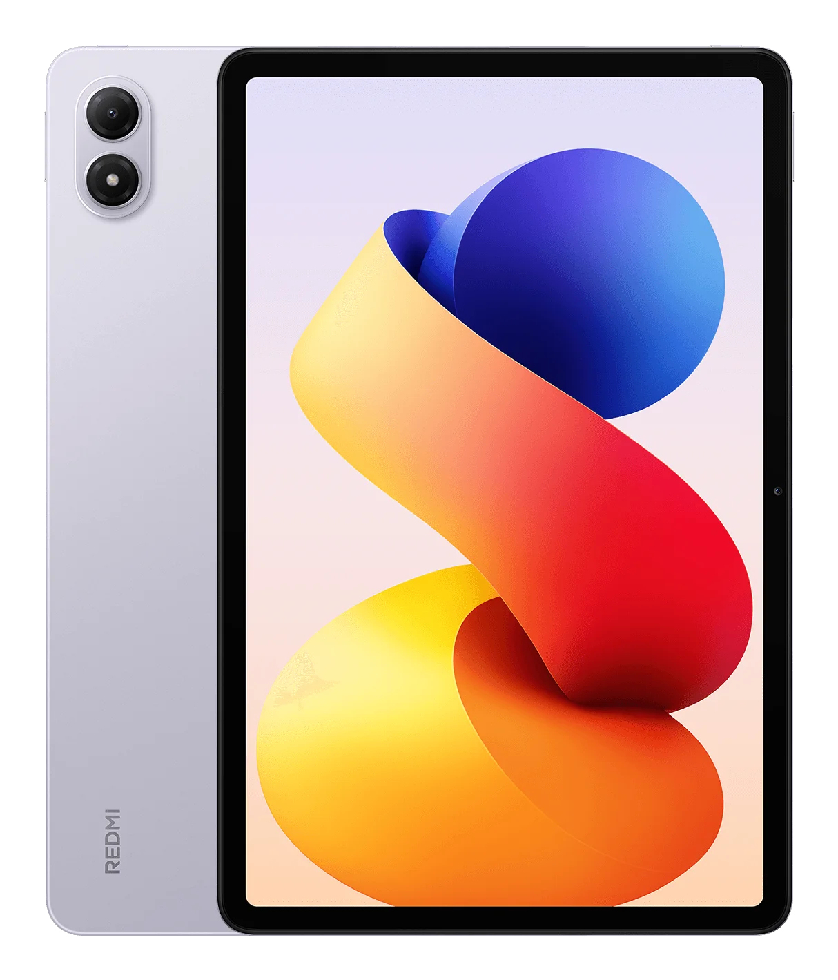 Un tablet Redmi argento con due fotocamere posteriori e uno sfondo astratto colorato sullo schermo.