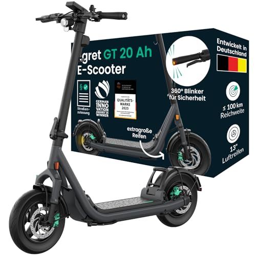 Ein grauer Egret GT E-Scooter vor seiner Produktverpackung mit technischen Details.