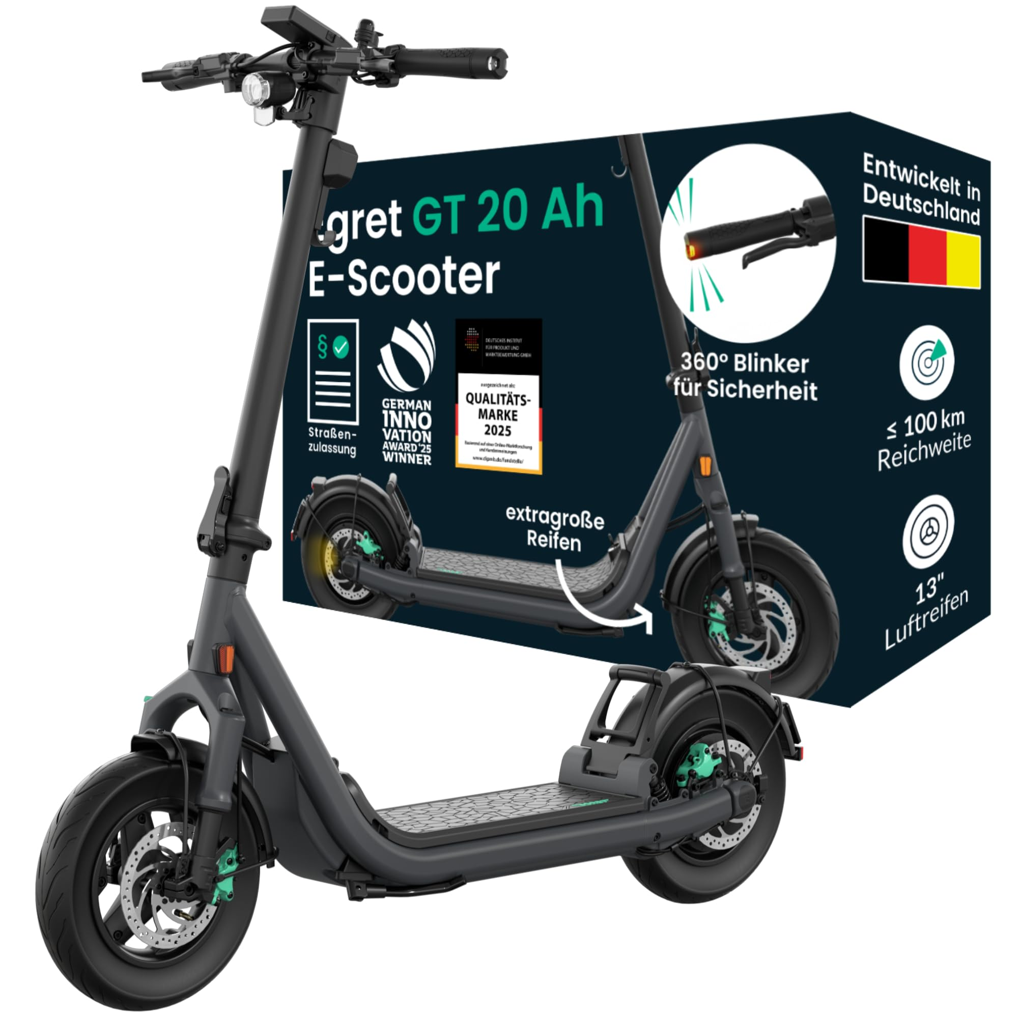 Ein grauer E-Scooter steht vor seiner Produktverpackung, die Details zu Reichweite und Funktionen zeigt.