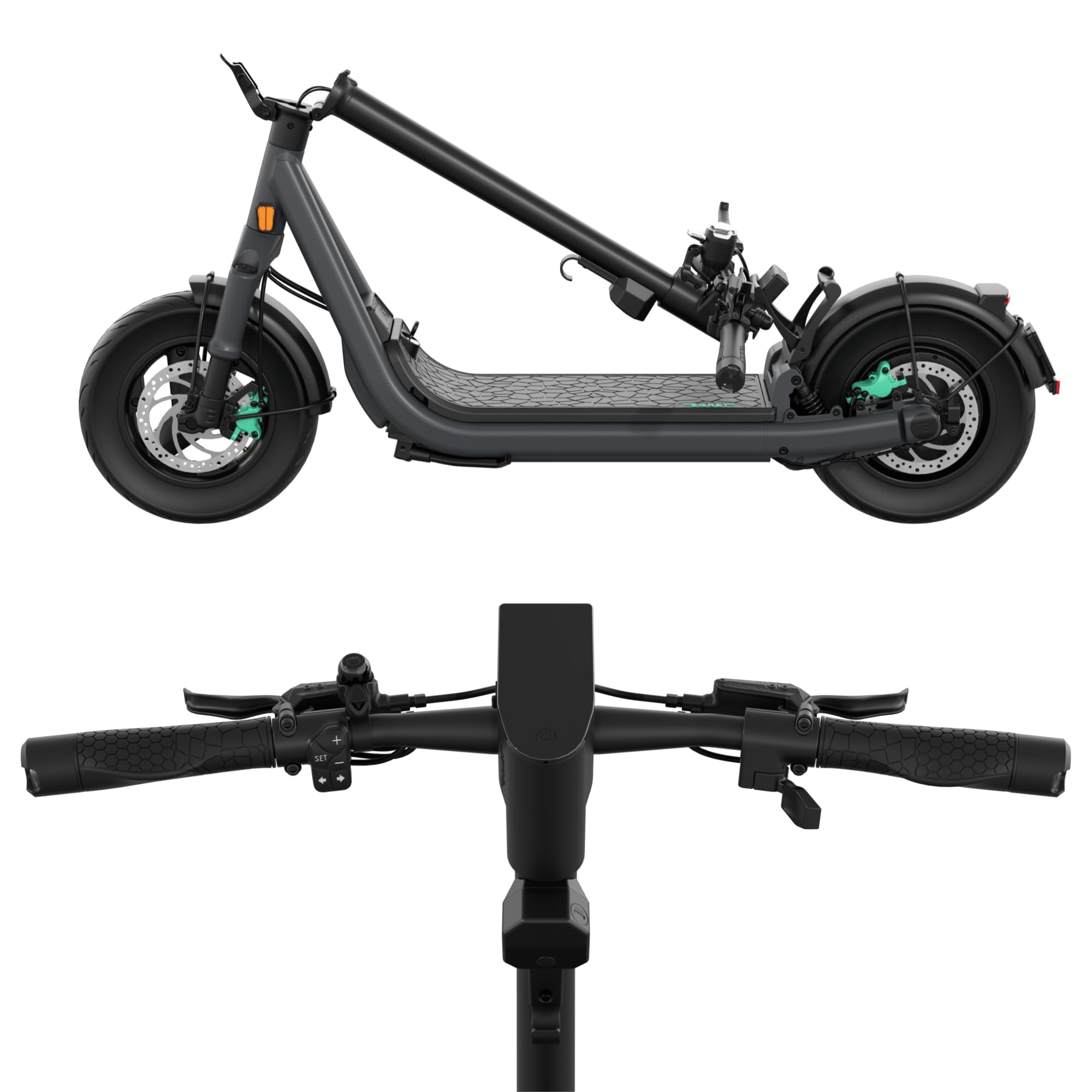 Seitenansicht und Lenker eines schwarzen E-Scooters auf weißem Hintergrund.