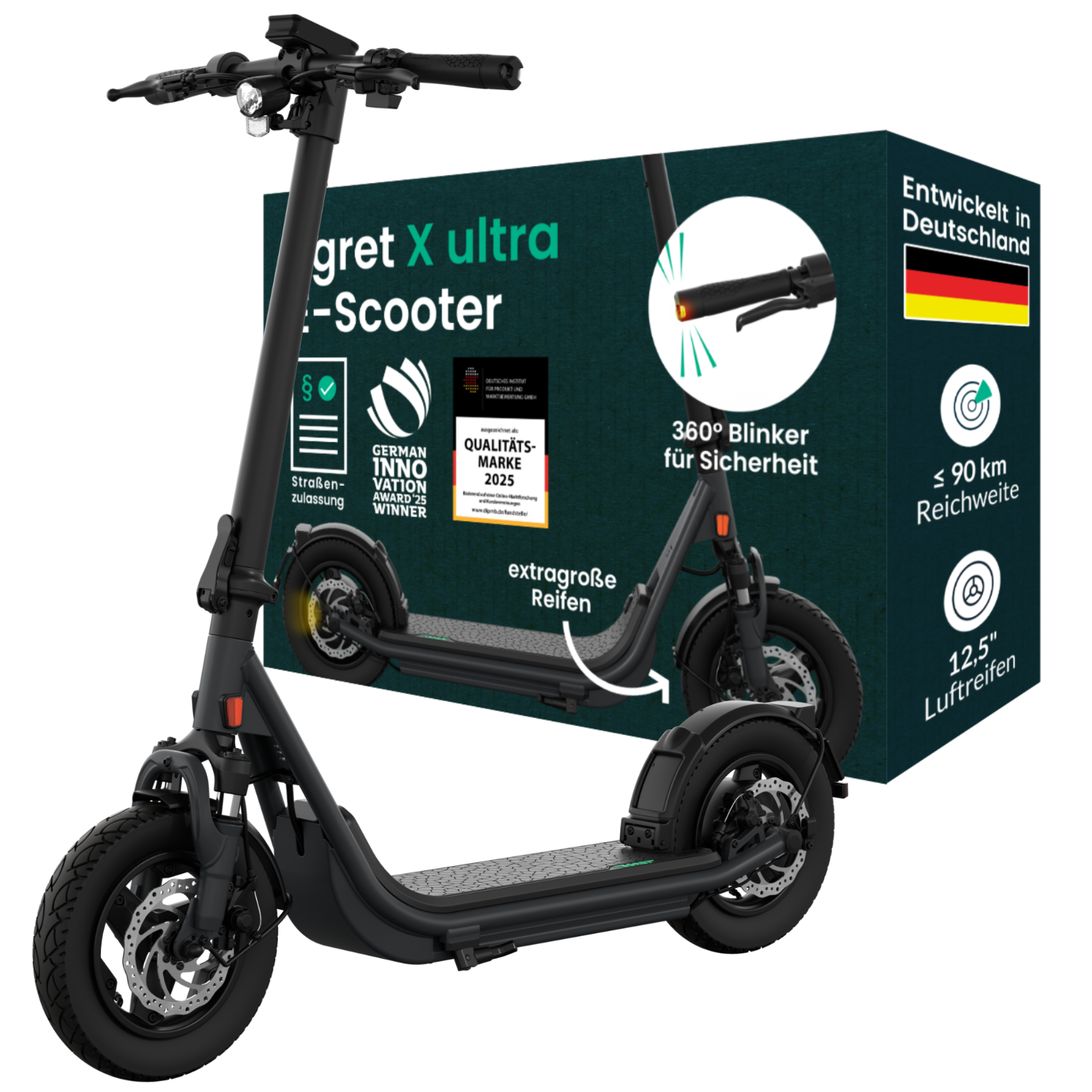 Ein schwarzer E-Scooter steht vor seiner Produktverpackung mit technischen Details.