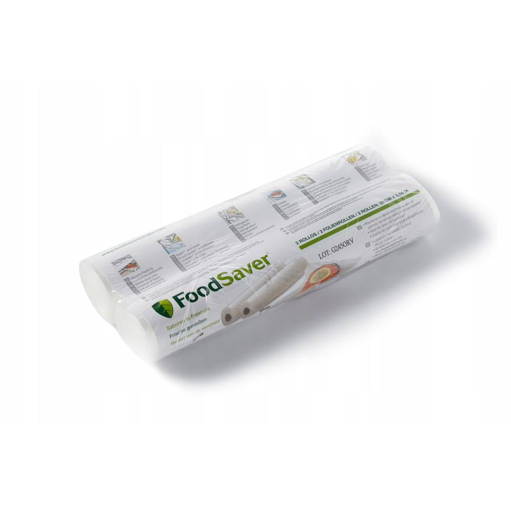 Dos rollos de vacío FoodSaver en un envoltorio transparente sobre fondo blanco.