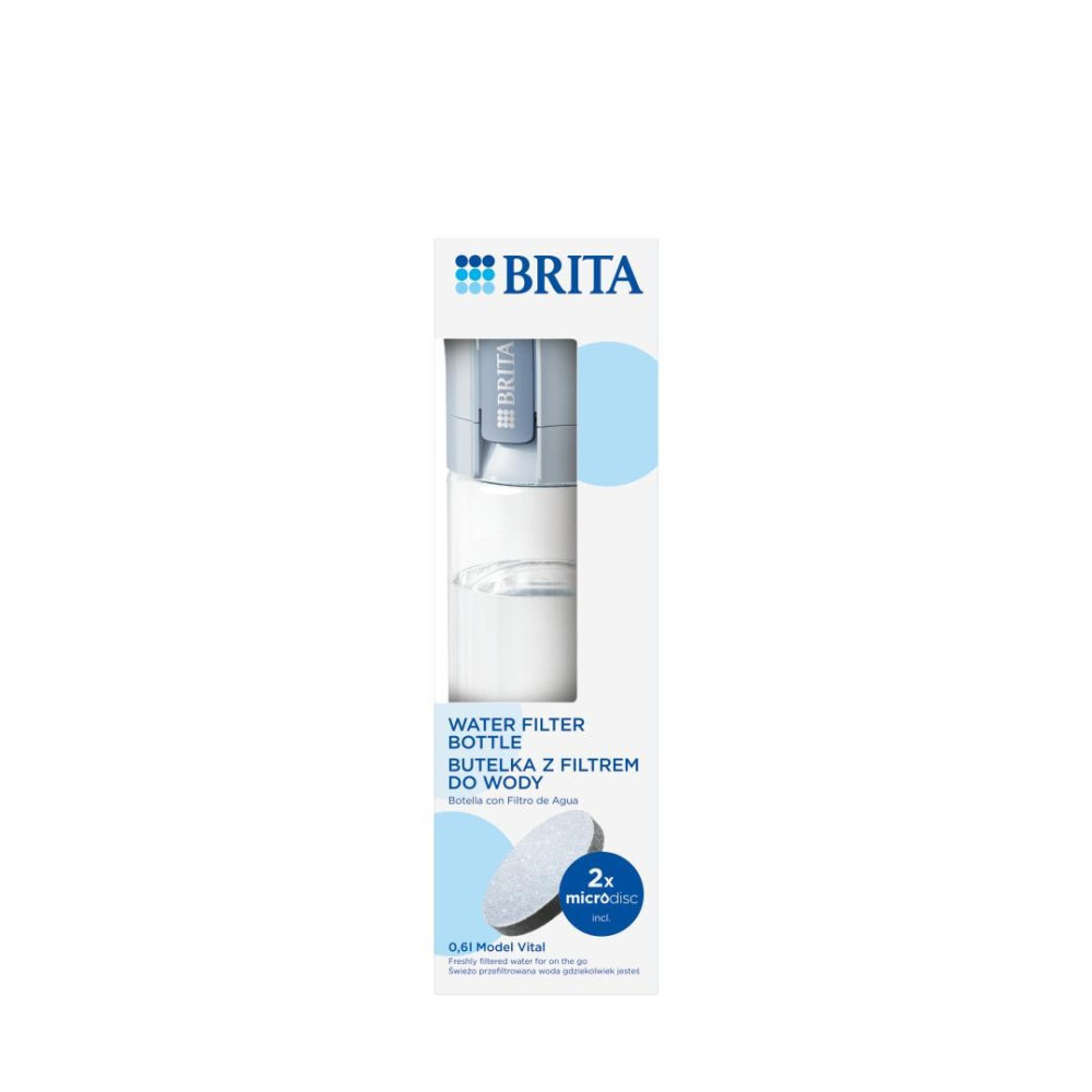 Envase de botella filtrante de agua Brita azul con dos microdiscos sobre fondo blanco.