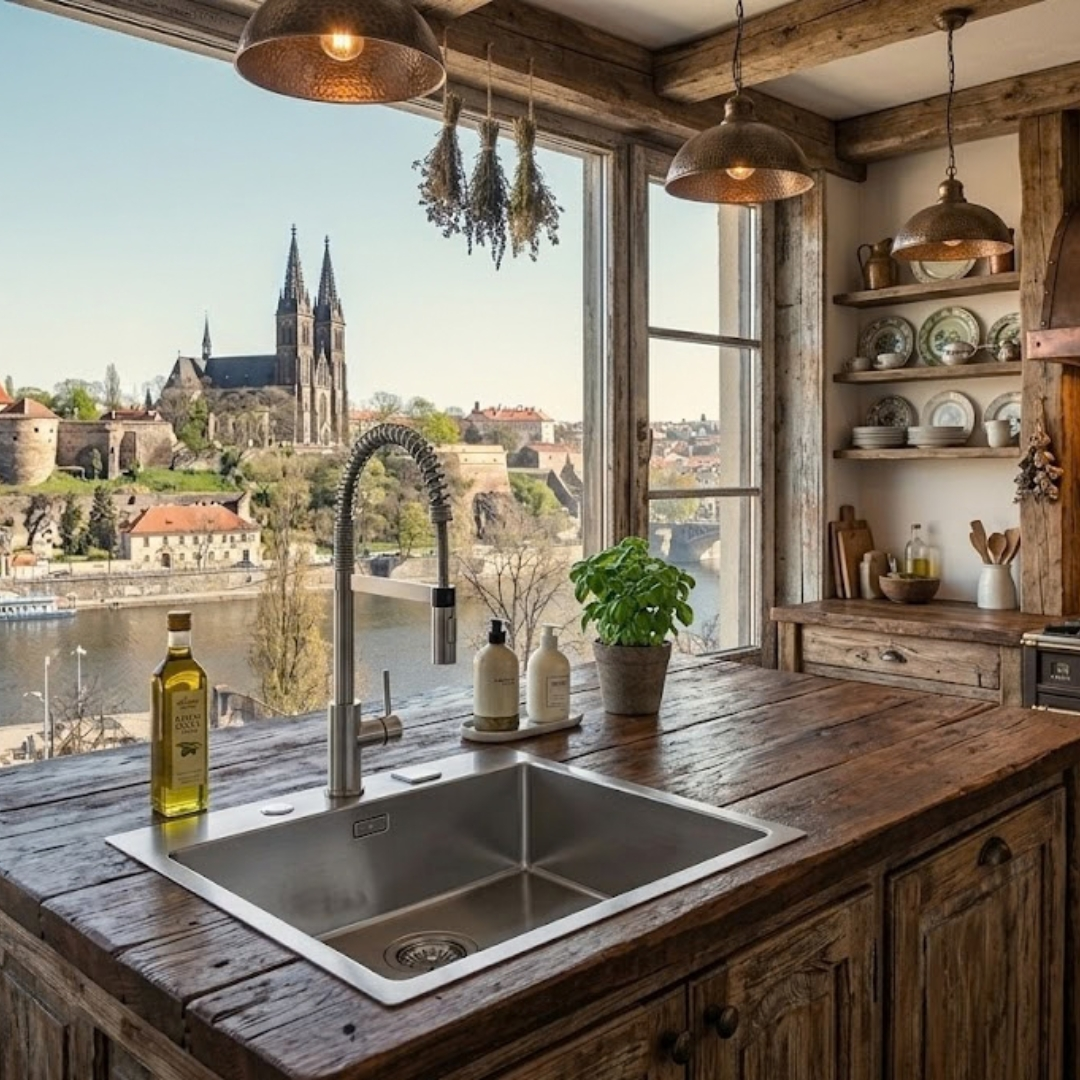 Cucina rustica in legno con lavello, pianta aromatica e vista su una città con cattedrale e fiume.