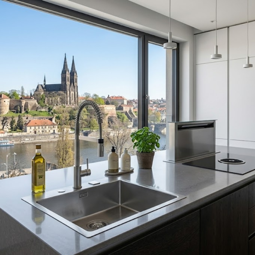 Lavello da cucina moderno con vista su cattedrale e fiume da una grande finestra.