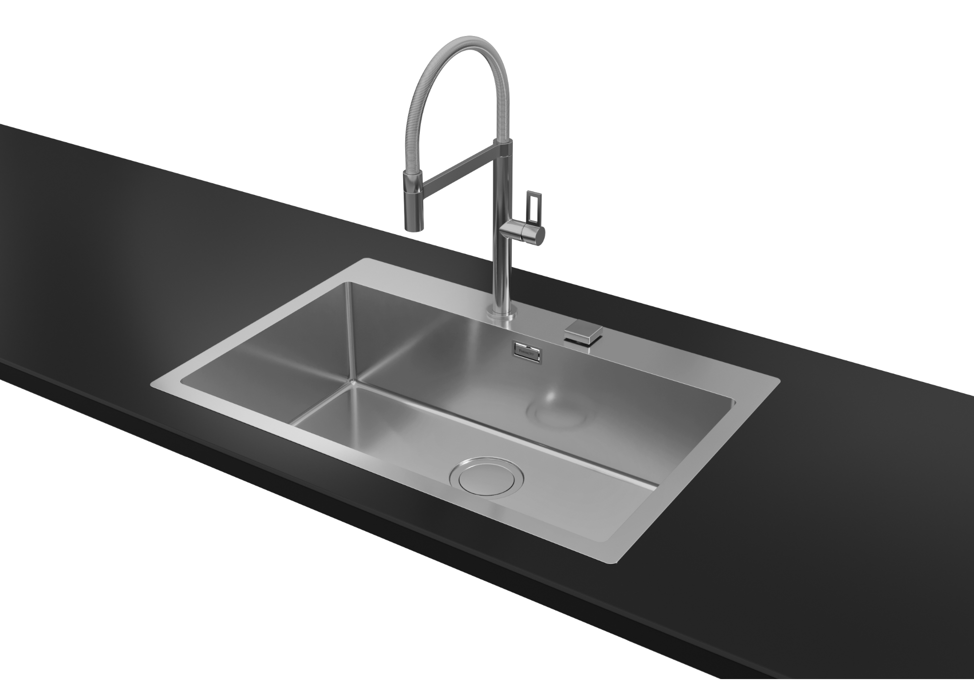 Un lavello da cucina in acciaio inossidabile con un rubinetto moderno è inserito in un piano di lavoro nero.