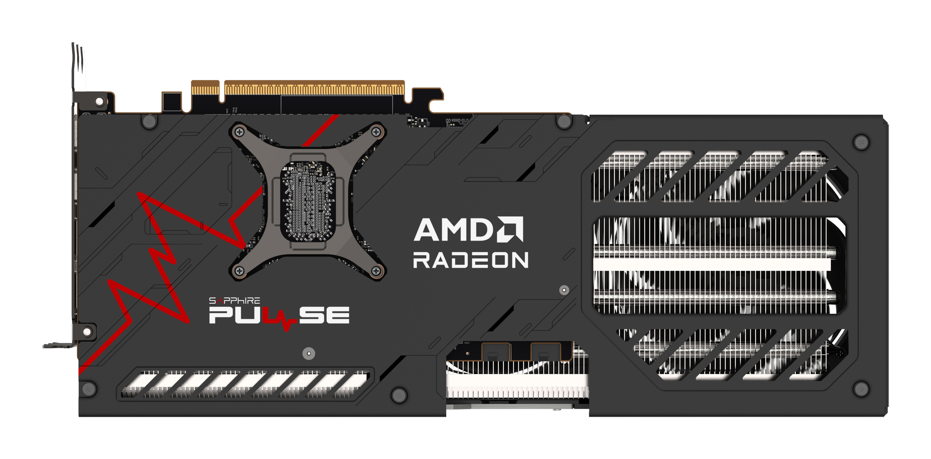Zwarte AMD Radeon Sapphire Pulse videokaart met rood bliksemsymbool op de achterkant en zichtbare koelribben.