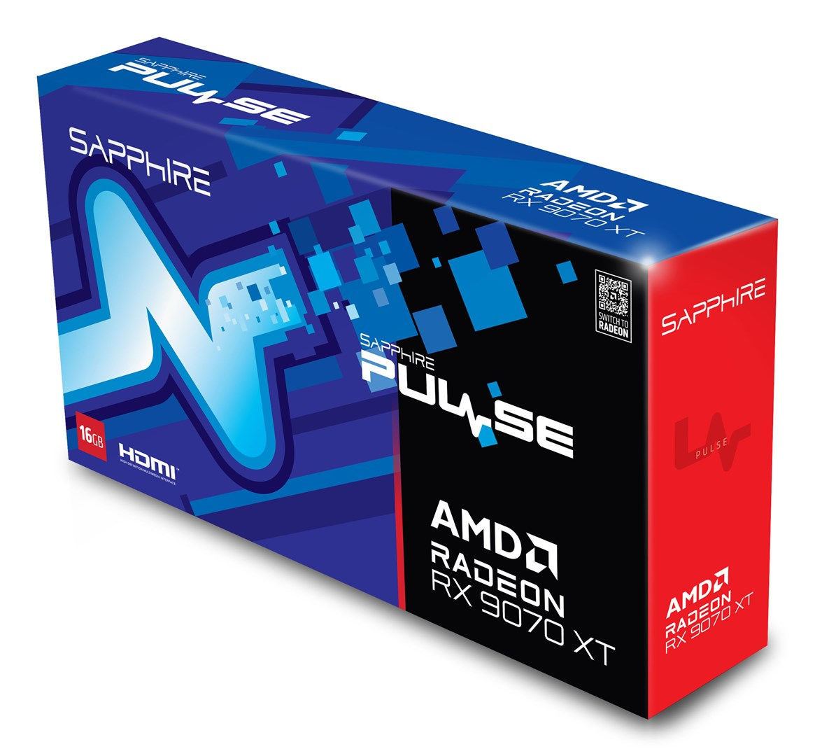 Blauwe en rode Sapphire Pulse AMD Radeon RX 9070 XT videokaart verpakking.
