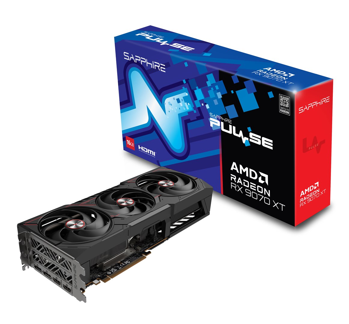 SAPPHIRE PULSE AMD Radeon RX videokaart met drie ventilatoren naast de blauw-rode doos.