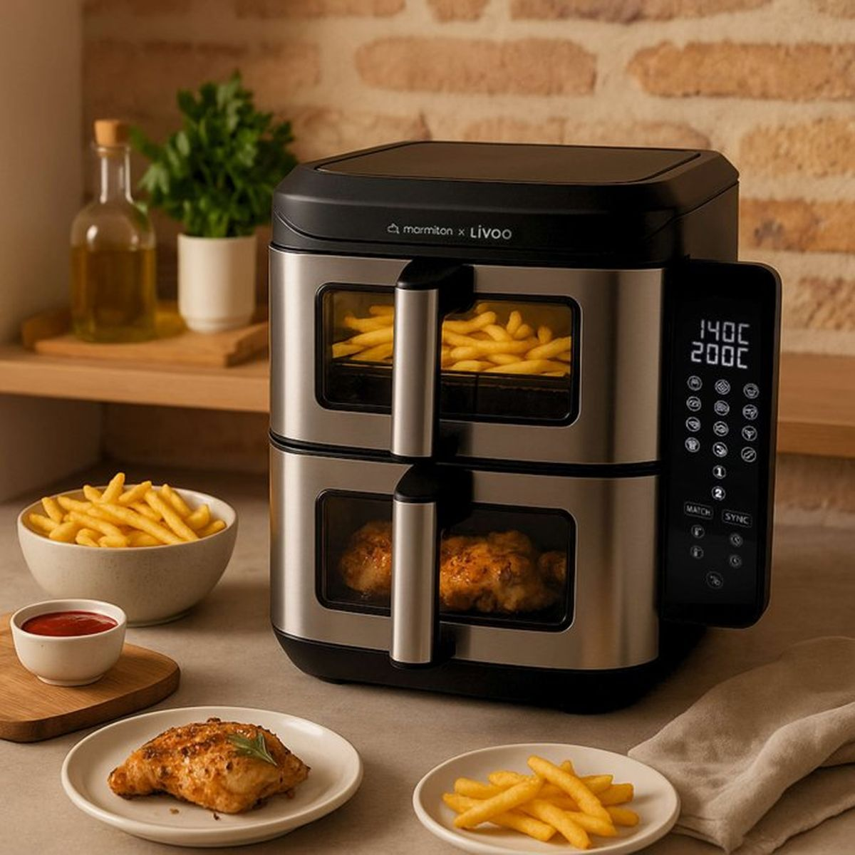 Una friggitrice ad aria a doppia zona con display digitale su un tavolo con patatine fritte e pollo.