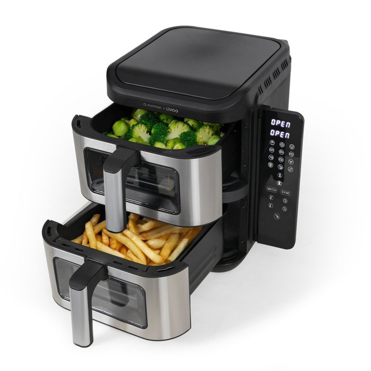 Una friggitrice ad aria doppia nera con due cassetti aperti pieni di broccoli e patatine fritte.
