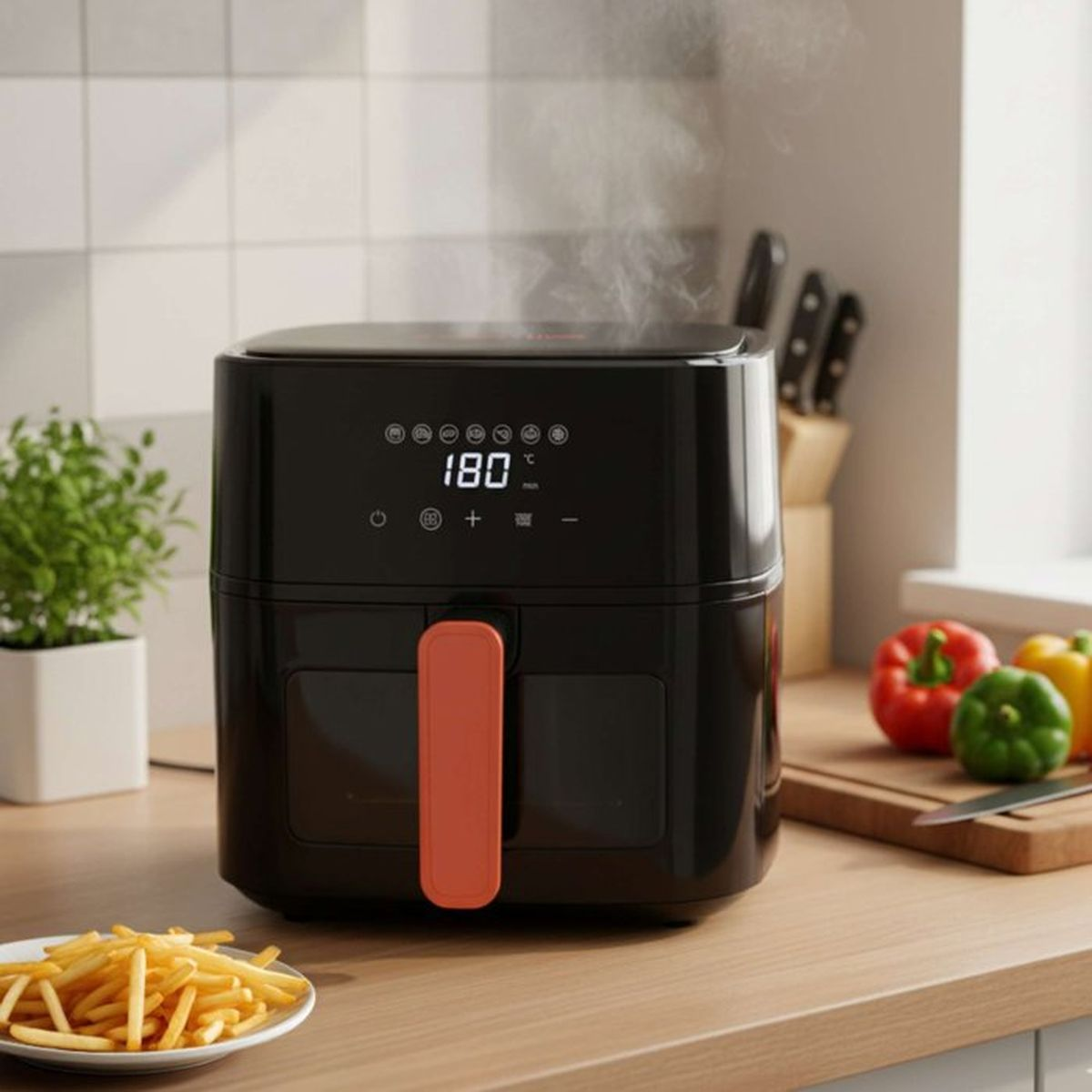 Friggitrice ad aria nera con manico arancione e vapore sul bancone, con patatine fritte e peperoni.