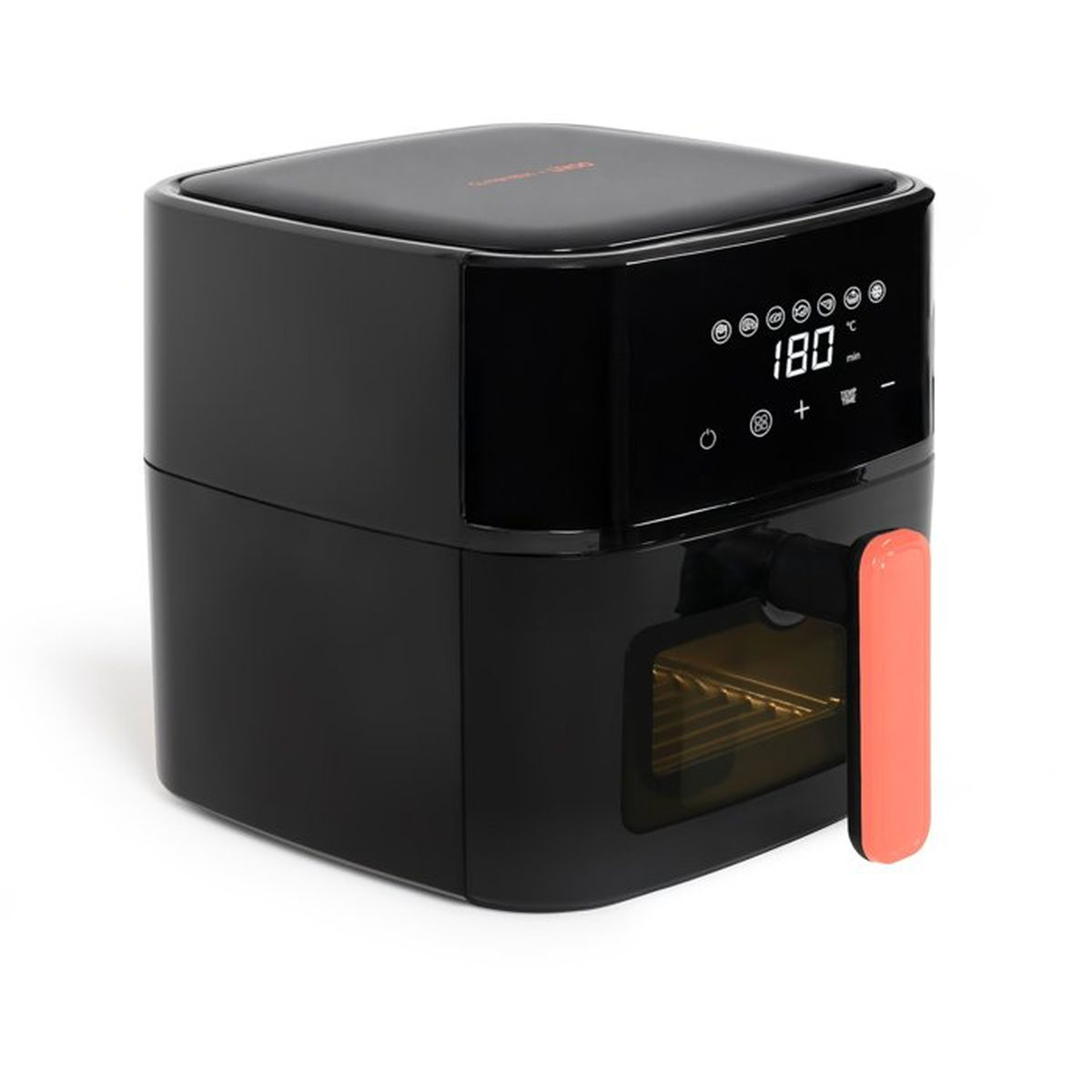 Friggitrice ad aria digitale nera con display luminoso e manico arancione.