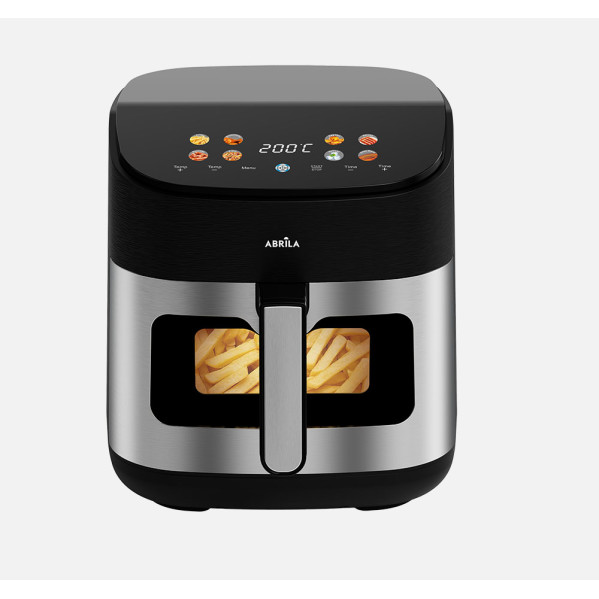 Friggitrice ad aria nera e argento con display digitale e finestra con patatine fritte.