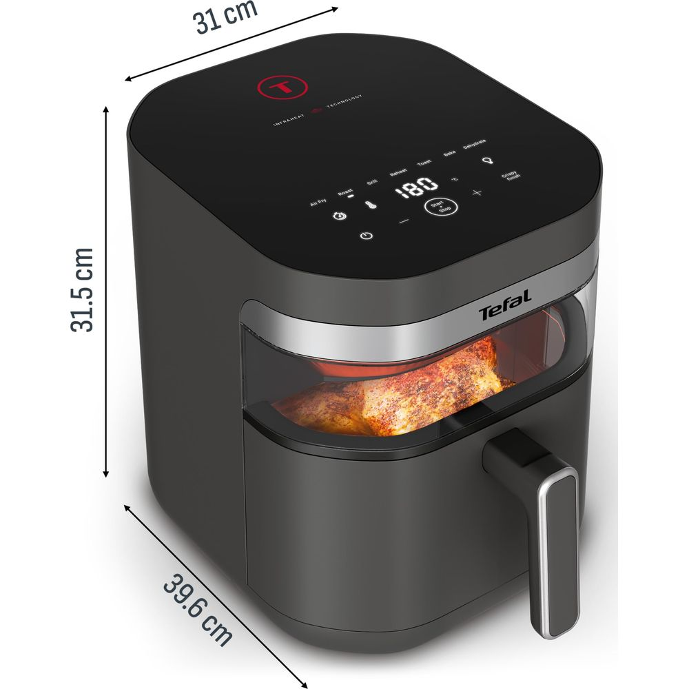 Friggitrice ad aria Tefal nera con display digitale e pollo nella finestra, con dimensioni.