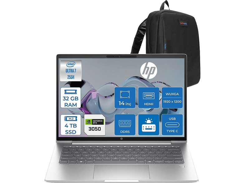 HP ProBook 4 G1I 4GB RTX3050 D36KMETF15 Intel Core Ultra 7 255H 32 GB RAM 4 TB SSD 14 inç FreeDOS Laptop+Çanta Gümüş