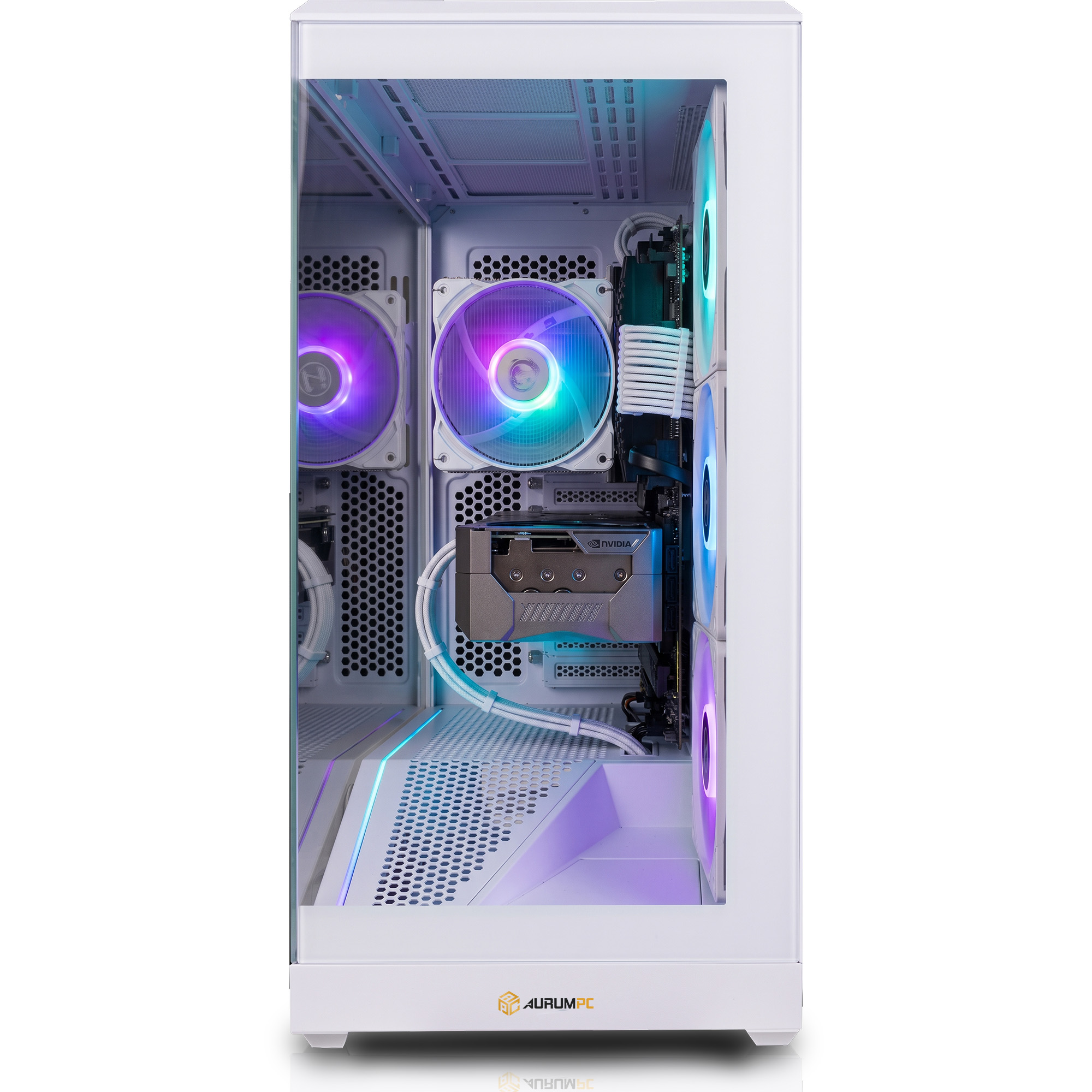 Un interno per PC bianco con ventole illuminate, scheda grafica Nvidia e cavi ordinati.