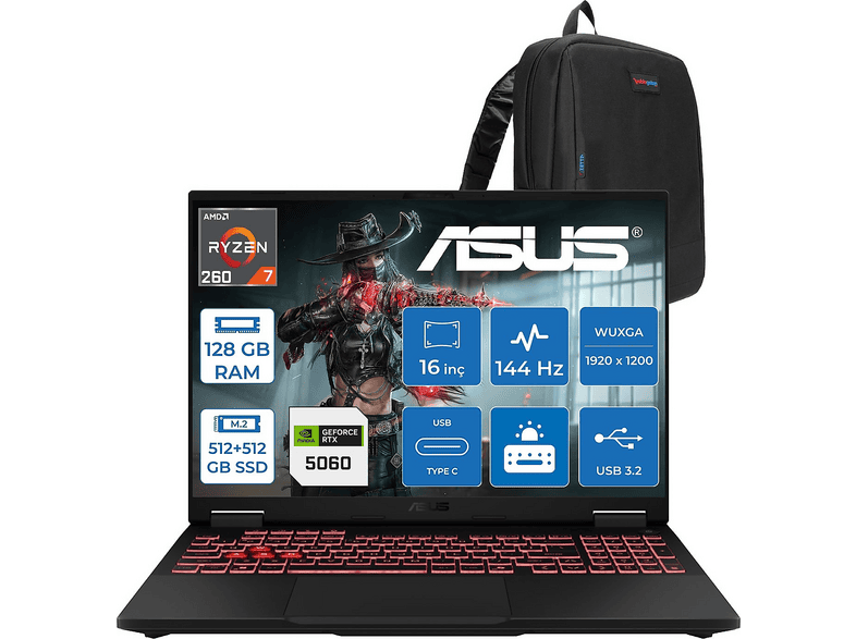 ASUS Tuf Gaming A16 FA608UMI WTU166F50 AMD Ryzen 7 260 128 GB RAM 512 GB SSD 16 inç FreeDOS Laptop+Çanta Gri