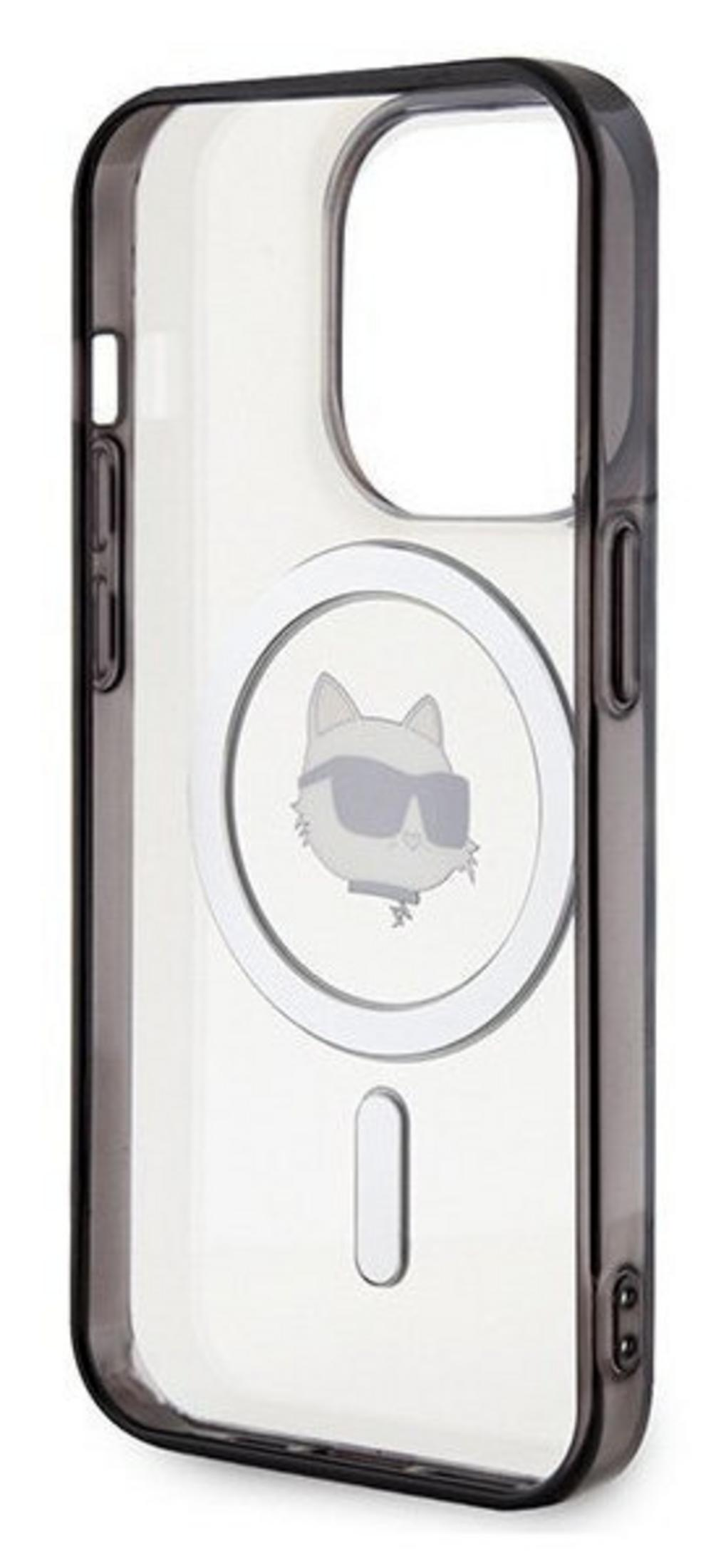 MagSafe çemberi içinde güneş gözlüklü kedi grafiği bulunan, koyu kenarlı şeffaf telefon kılıfı.