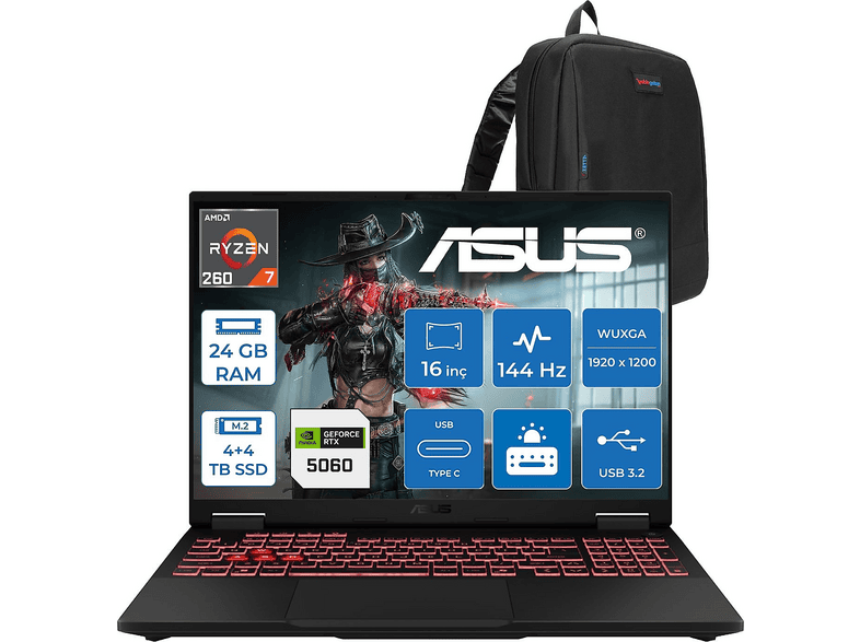 ASUS Tuf Gaming A16 FA608UMI 8GB RTX5060 WTU166F08 AMD Ryzen 7 260 24 GB RAM 4 TB SSD 16 inç FreeDOS Laptop+Çanta Gri