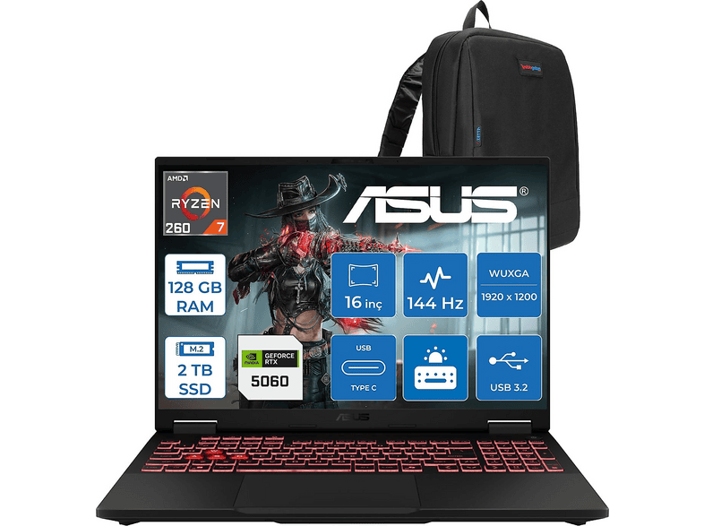 ASUS Tuf Gaming A16 FA608UMI RTX5060 WTU166F53 AMD Ryzen 7 260 128 GB RAM 2 TB SSD 16 inç FreeDOS Laptop+Çanta Gri