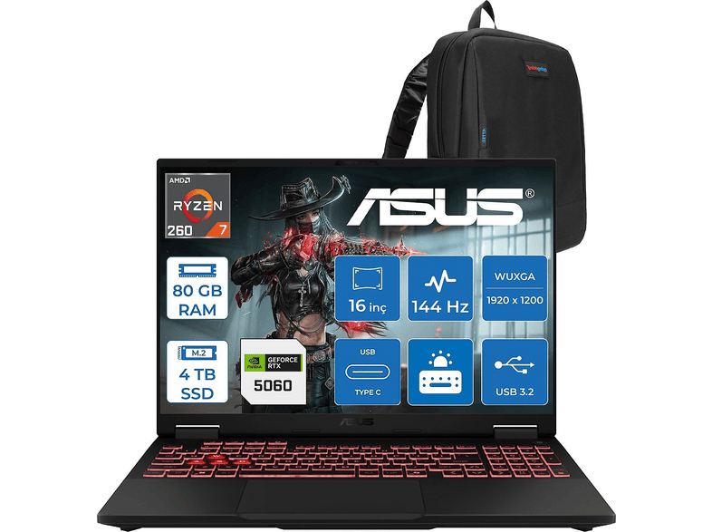 ASUS Tuf Gaming A16 FA608UMI RTX5060 WTU166F39 AMD Ryzen 7 260 80 GB RAM 4 TB SSD 16 inç FreeDOS Laptop+Çanta Gri