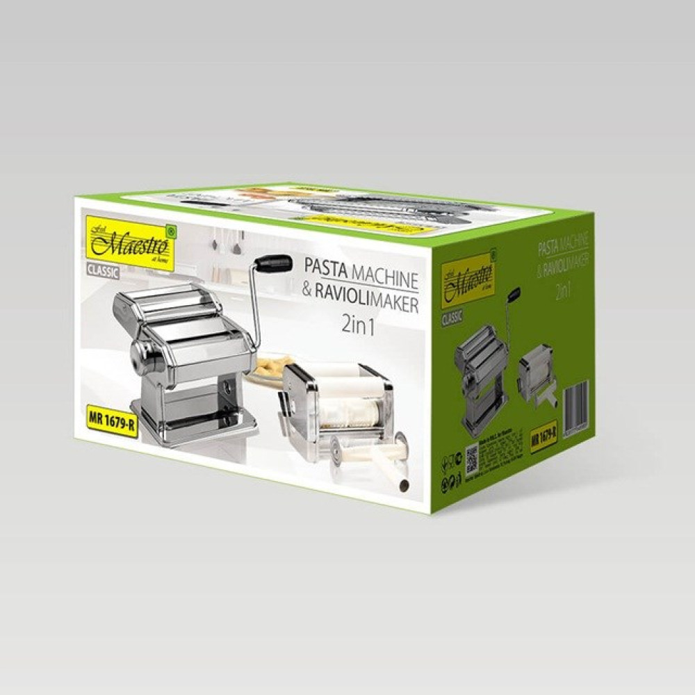 Confezione di una macchina per pasta e ravioli Maestro 2 in 1 verde e bianca su sfondo grigio.