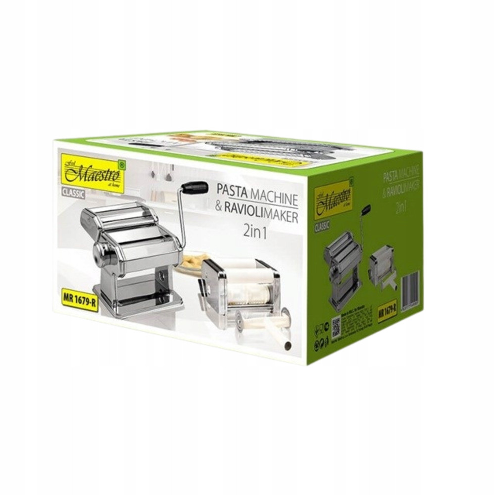 Scatola di imballaggio di una macchina per pasta e ravioli argentata Maestro 2in1 su sfondo bianco.