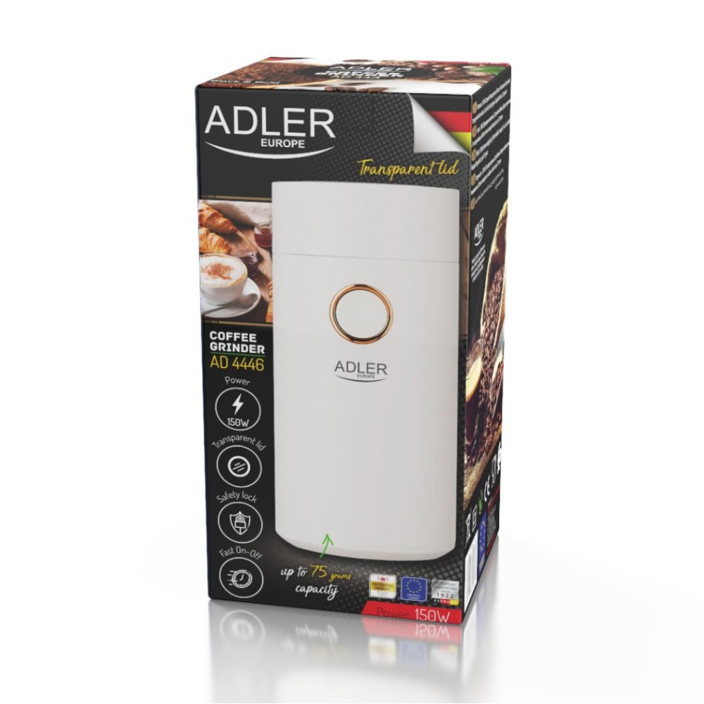 Confezione di un macinacaffè bianco Adler Europa con 150W di potenza e 75g di capacità.