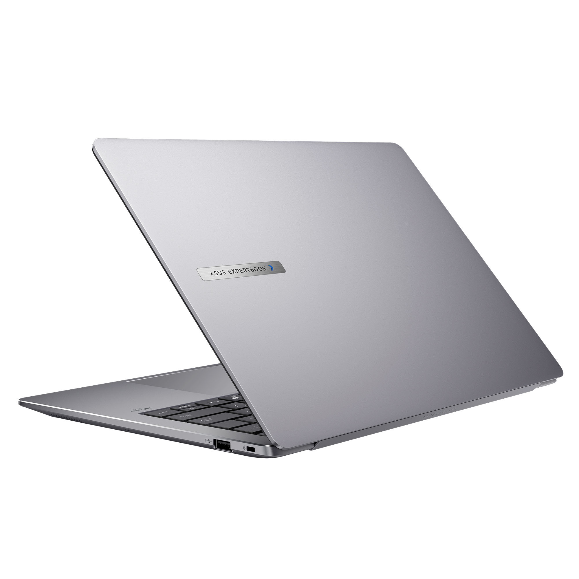 Beyaz arka planda gümüş renkli bir ASUS ExpertBook dizüstü bilgisayar, kapağı ve klavyesi.