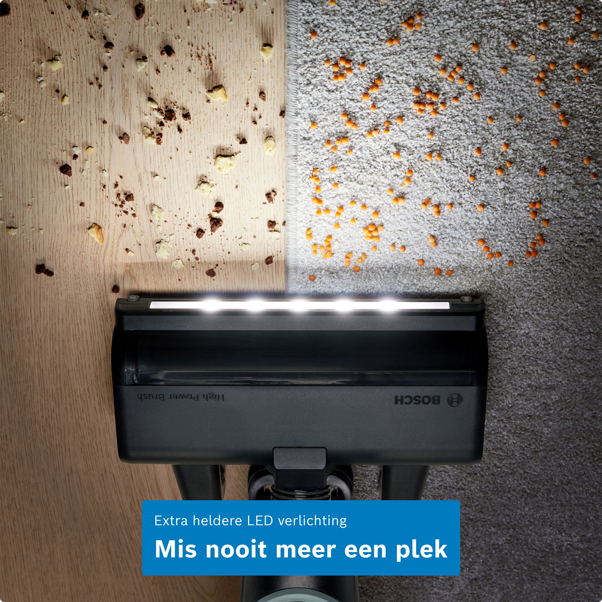 Una spazzola per aspirapolvere Bosch con LED illumina lo sporco su pavimento e tappeto.