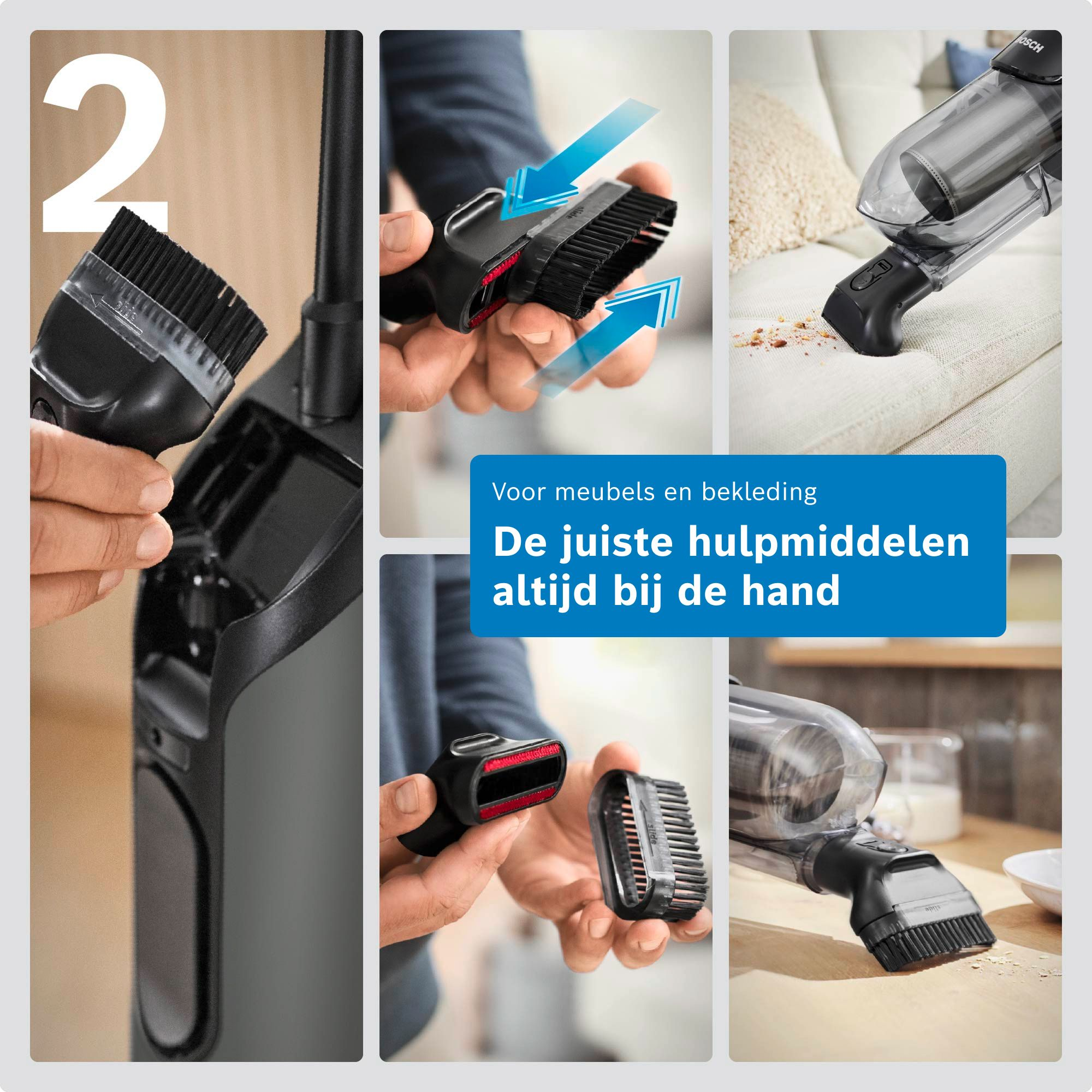 Un aspirapolvere Bosch con pratici accessori per pulire mobili e tappezzeria.