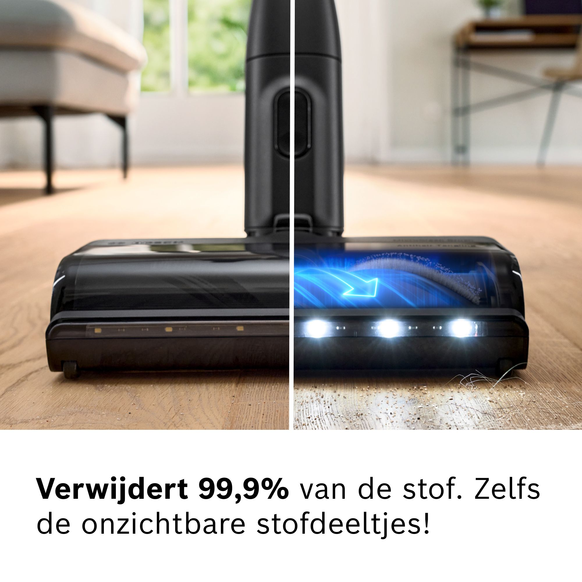 Tête d'aspirateur sur parquet avec LED lumineuses, sombre à gauche, éclairée et active à droite.