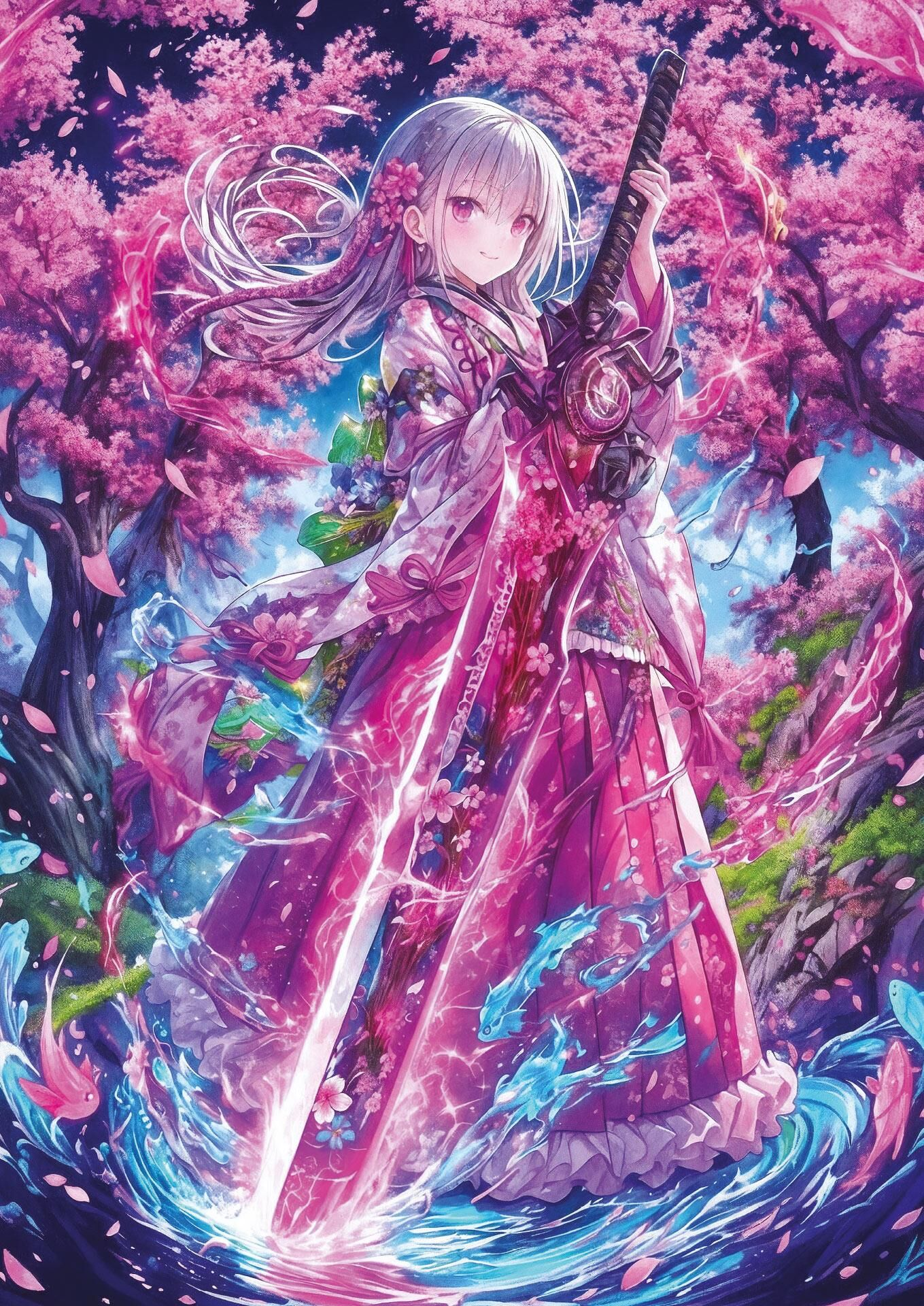 Pembe saçlı ve kimonolu anime kız, kiraz çiçekleri arasında parlayan bir kılıç tutuyor.